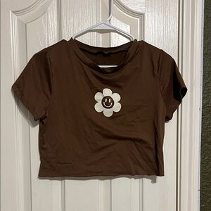 Brown Crop Top with Smiley Flower